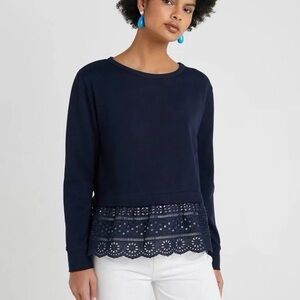 J. Crew Navy Blue Eyelet Scallop Hem Sweatshirt Sweater
